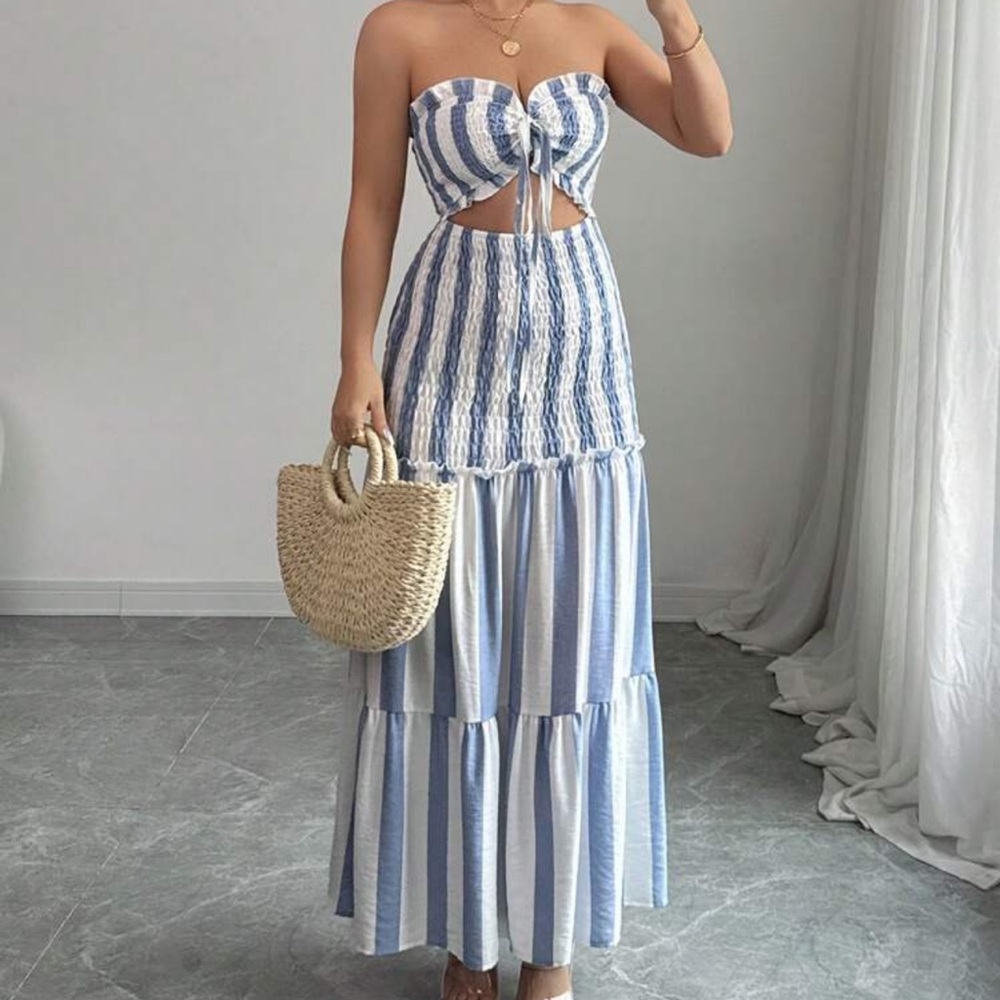 SHEIN Blue and White Strapless Dress
